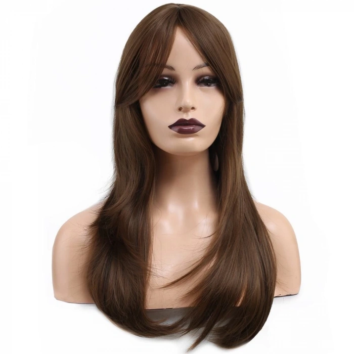 Katlı Kesim Perçemli Düz Fiber Sentetik Orta Boy Peruk / Kumral