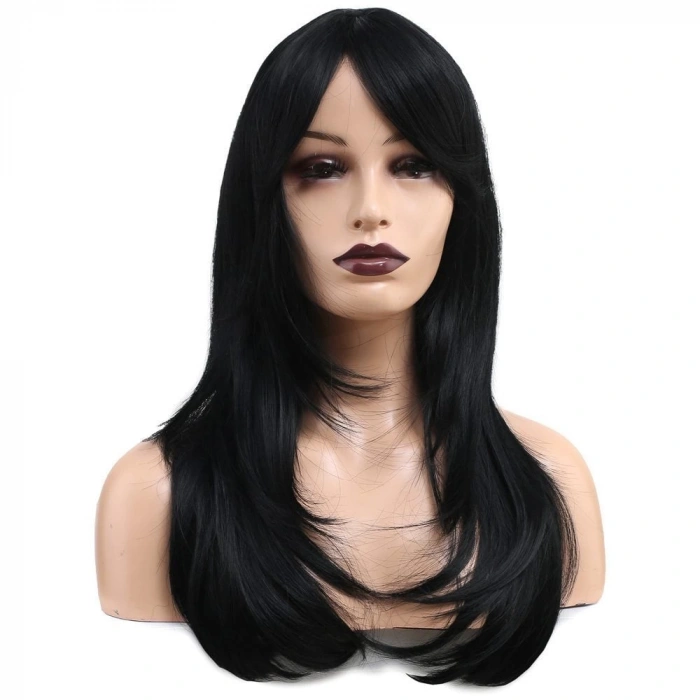 Katlı Kesim Perçemli Düz Fiber Sentetik Orta Boy Peruk / Siyah