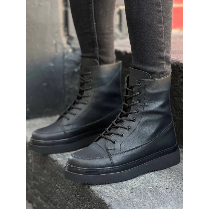 KB-0991   Siyah Cilt Siyah Yüksek Taban  Bağcıklı  Postal Bot