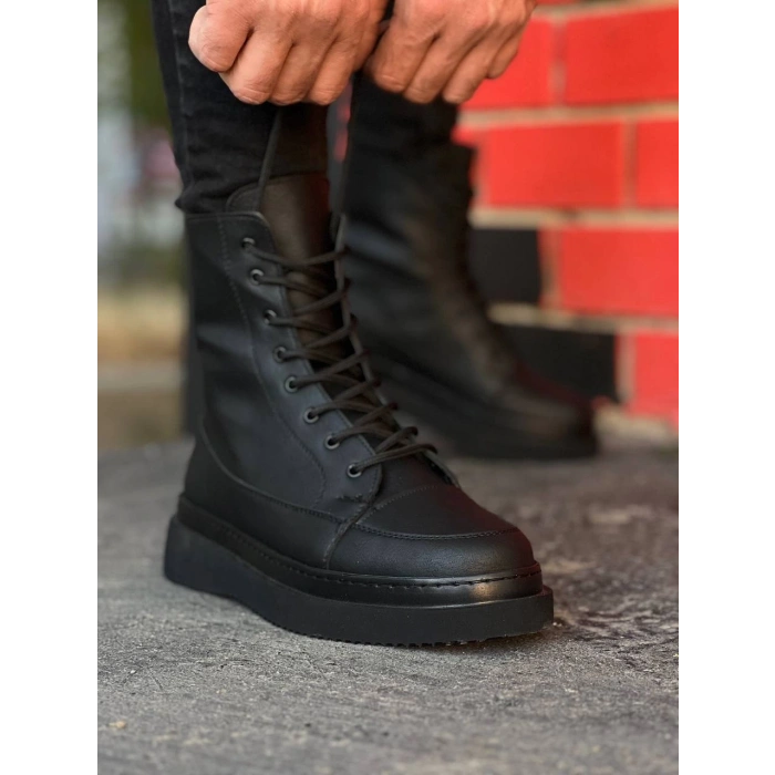 KB-0991   Siyah Cilt Siyah Yüksek Taban  Bağcıklı  Postal Bot