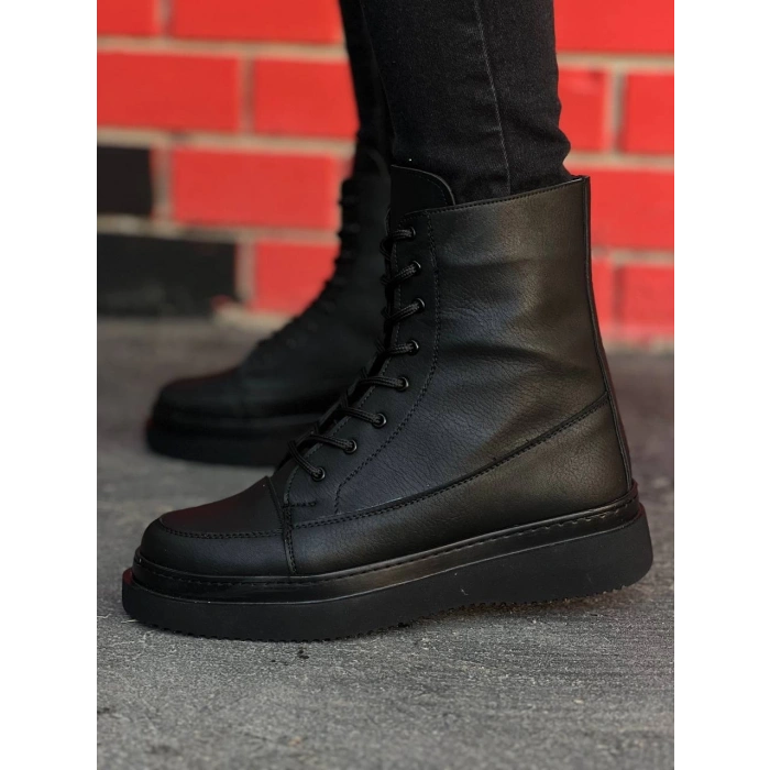 KB-0991   Siyah Cilt Siyah Yüksek Taban  Bağcıklı  Postal Bot