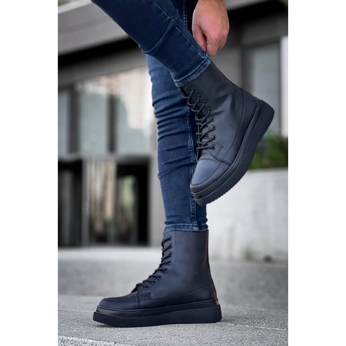 KB-0991   Siyah Cilt Siyah Yüksek Taban  Bağcıklı  Postal Bot