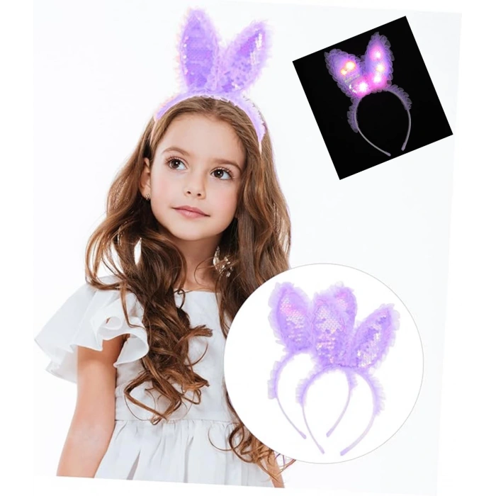Kenarları Dantelli Mor Pullu Payetli Led Işıklı Tavşan Kulak Taç 23x19 cm