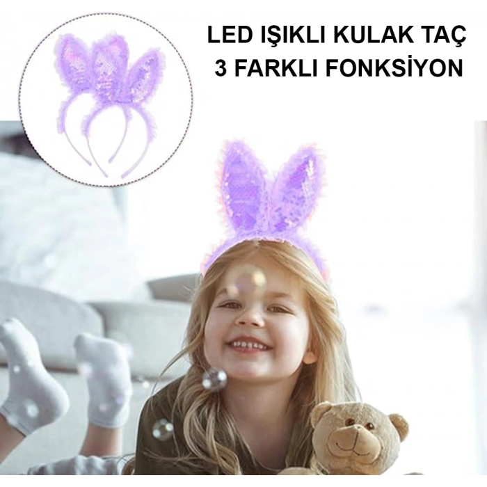 Kenarları Dantelli Mor Pullu Payetli Led Işıklı Tavşan Kulak Taç 23x19 cm