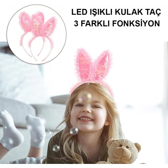 Kenarları Dantelli Pembe Pullu Payetli Led Işıklı Tavşan Kulak Taç 23x19 cm