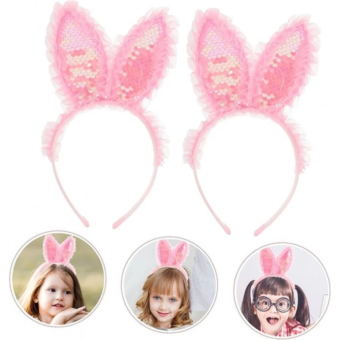 Kenarları Dantelli Pembe Pullu Payetli Led Işıklı Tavşan Kulak Taç 23x19 cm