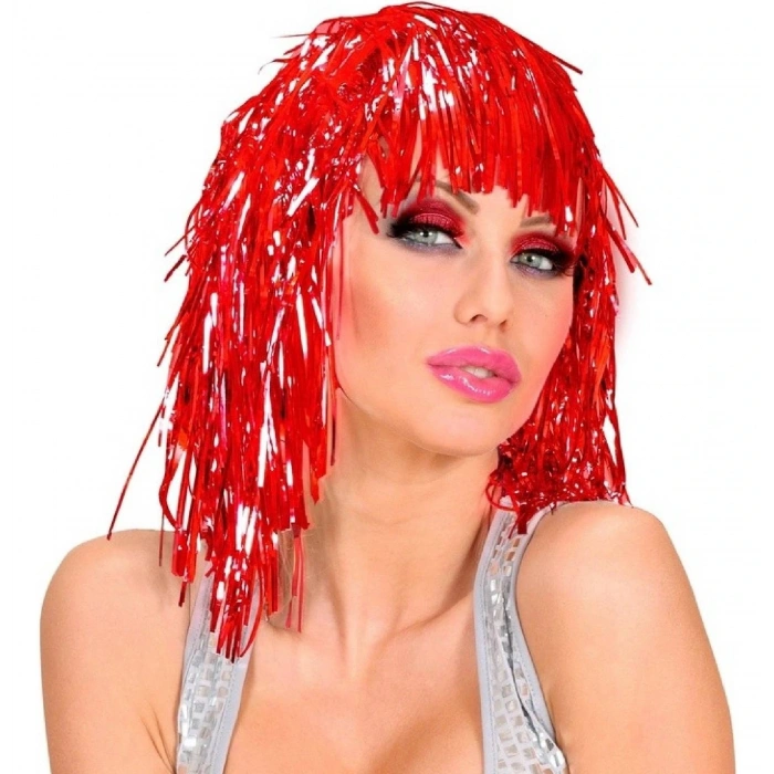 Kırmızı Işıltılı Metalize Parti Peruğu