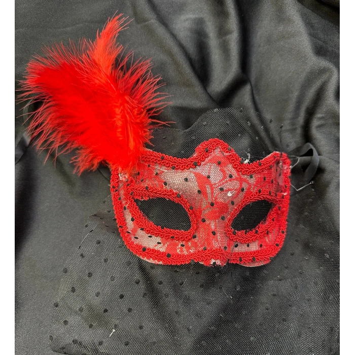 Kırmızı Renk Dantelli Duvaklı İncili Parti Maskesi B