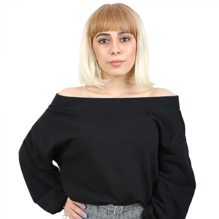 Kısa Küt Perçemli Fiber Sentetik Peruk / Balköpüğü / Platin Ombreli