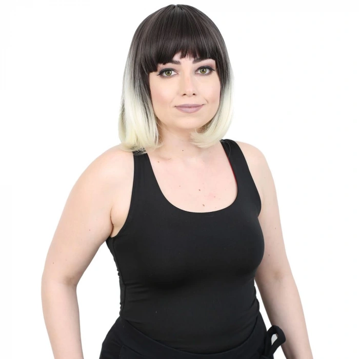 Kısa Küt Perçemli Fiber Sentetik Peruk / Küllü Siyah / Platin Ombreli