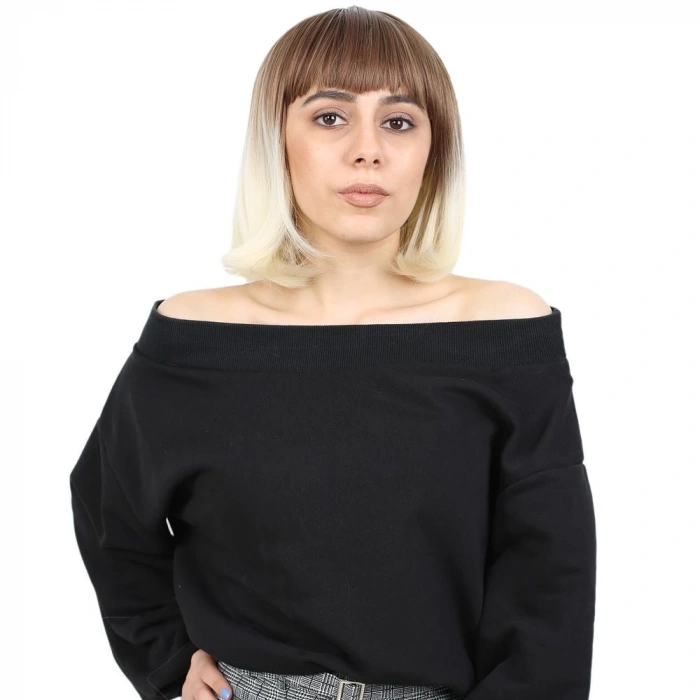 Kısa Küt Perçemli Fiber Sentetik Peruk / Kumral / Platin Ombreli