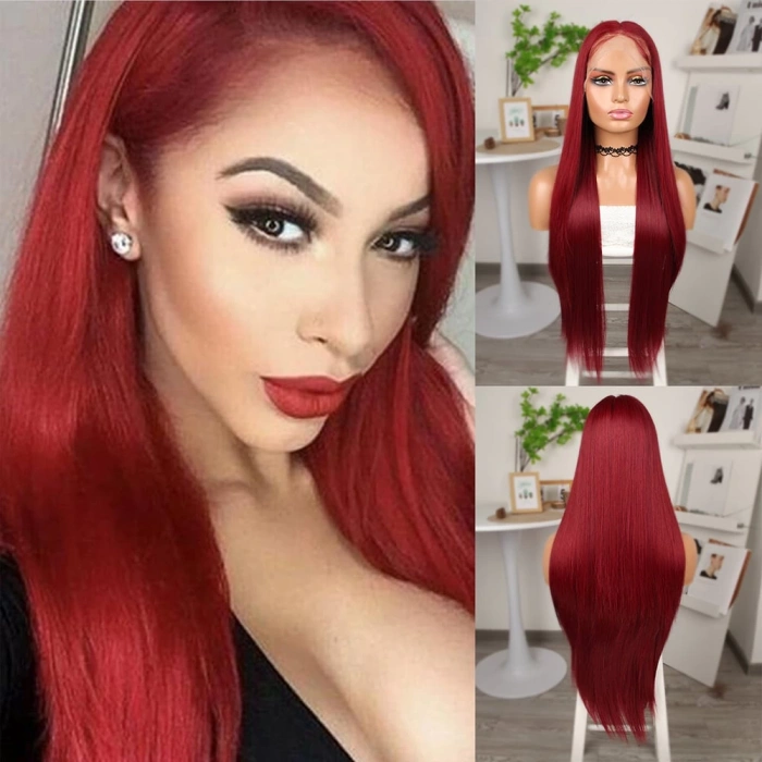 Kızıl Ekstra Uzun Fiber Sentetik Düz Tül Peruk