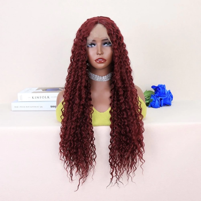 Kızıl Kahve Uzun Kıvırcık Dalgalı Fiber Sentetik Tül Peruk