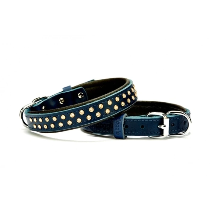 Konforlu Deri  Kristal Taşlı Köpek Boyun Tasması 2 x 28-34 cm Mavi