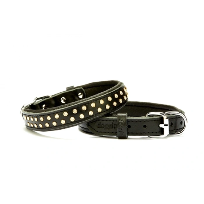 Konforlu Deri  Kristal Taşlı Köpek Boyun Tasması 2 x 28-34 cm Siyah
