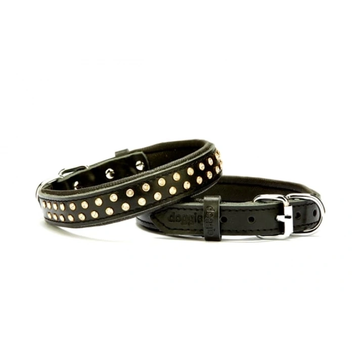 Konforlu Deri  Kristal Taşlı Köpek Boyun Tasması 2 x 28-34 cm Siyah