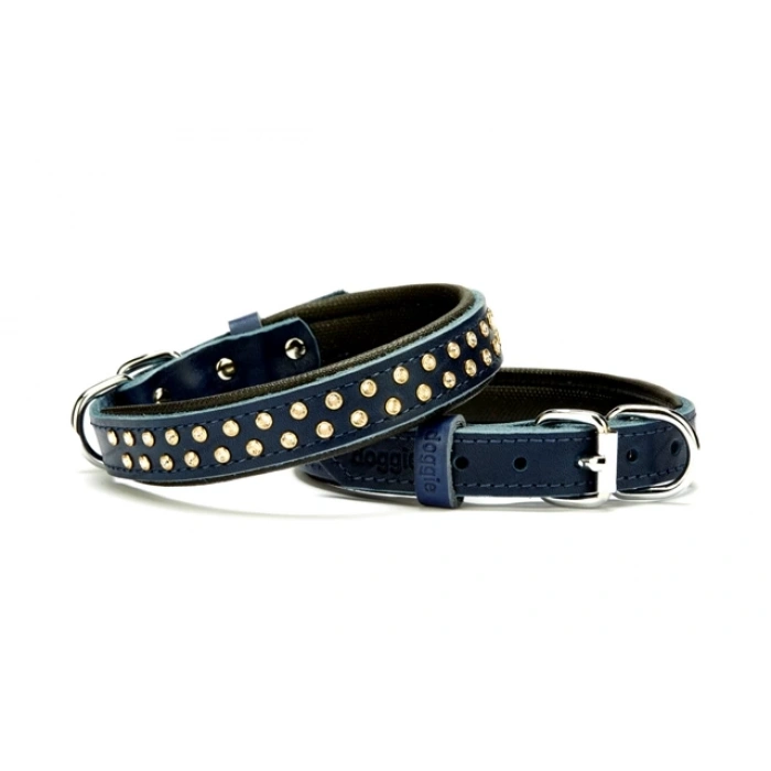 Konforlu Deri  Kristal Taşlı Köpek Boyun Tasması 2 x 32-39 cm Mavi