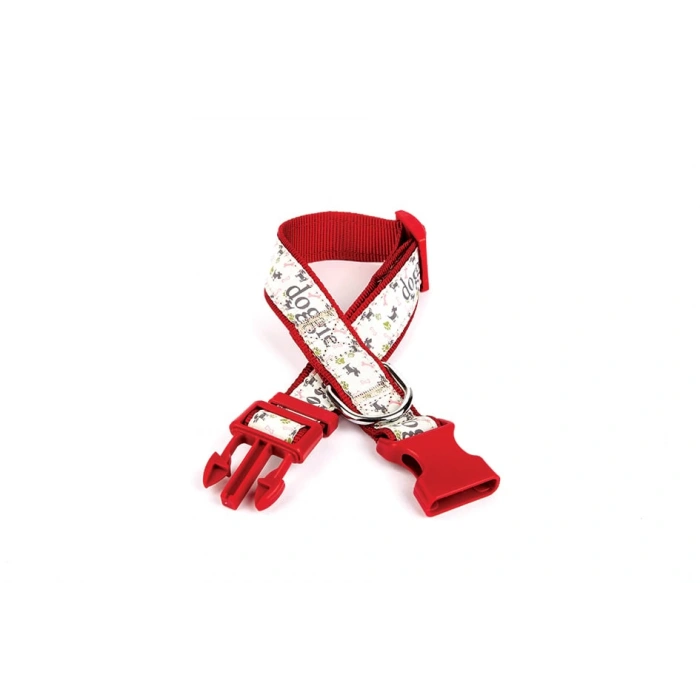 Köpek ve Pati Desenli Dokuma Köpek Boyun Tasması 3 cm x 36-60 cm Kırmızı