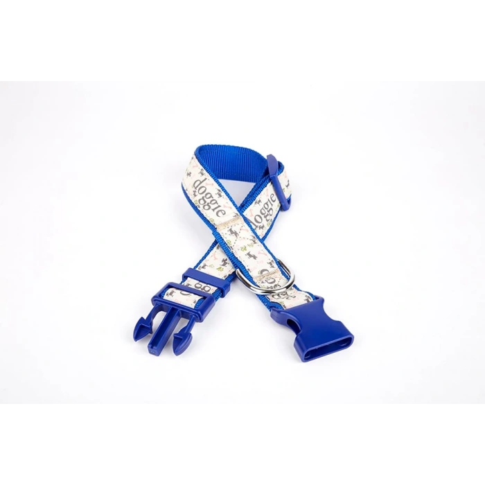 Köpek ve Pati Desenli Dokuma Köpek Boyun Tasması 3 cm x 36-60 cm Mavi