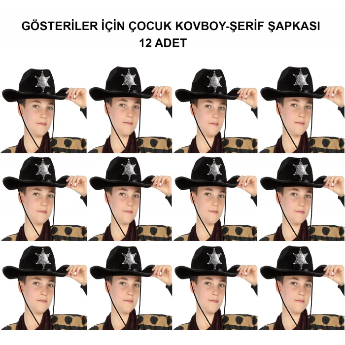 Kovboy Şerif Şapkası Siyah 12 Adet - Kostüm, Parti ve Gösteri Şapkası