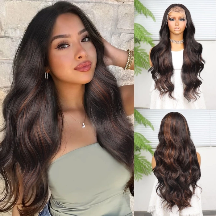 Koyu Kahverengi ve Bakır Işıltılı Dalgalı Fiber Sentetik Tül Peruk