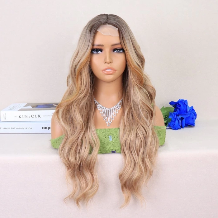 Koyu Kumral Dore Sarı Ombreli Perçemler Bakır Işıltılı Tül Peruk