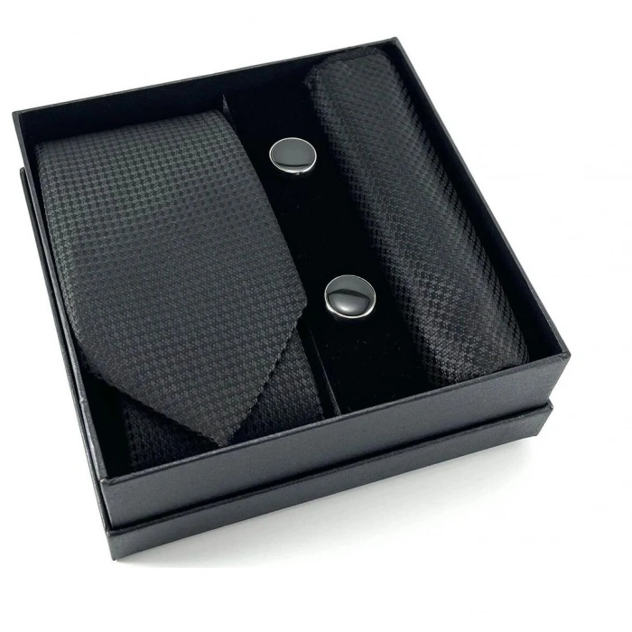 Kravat Düğme Set Siyah Desenli Kravat Mendil Kol Düğmesi Özel Set