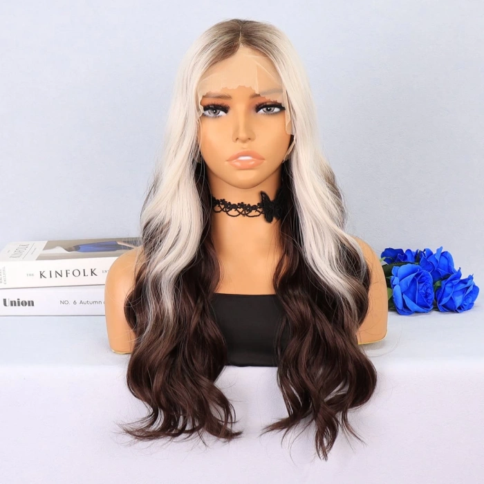 Kumral / Beyaz Platin Ombre Uçlar Kahverengi Su Dalgalı Tül Peruk