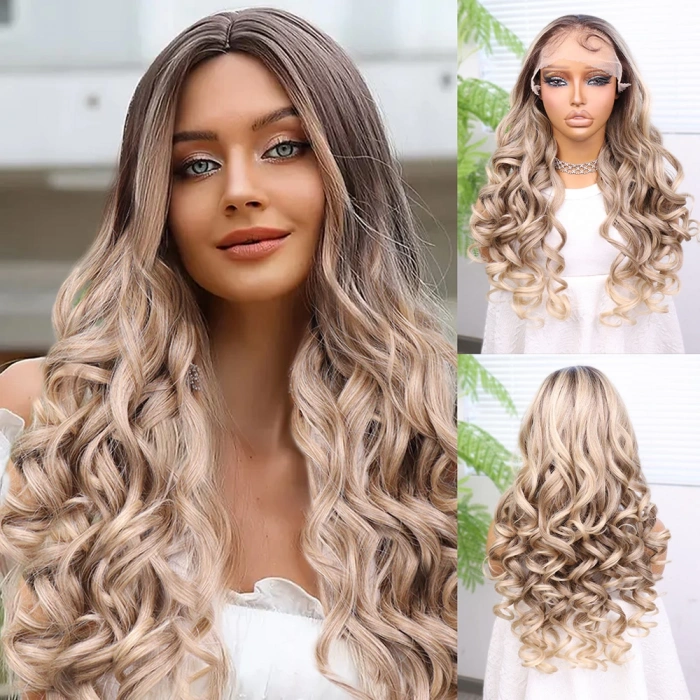 Kumral Platin Ombre Bebek Saçlı Fiber Sentetik Yoğun Dalgalı Tül Peruk