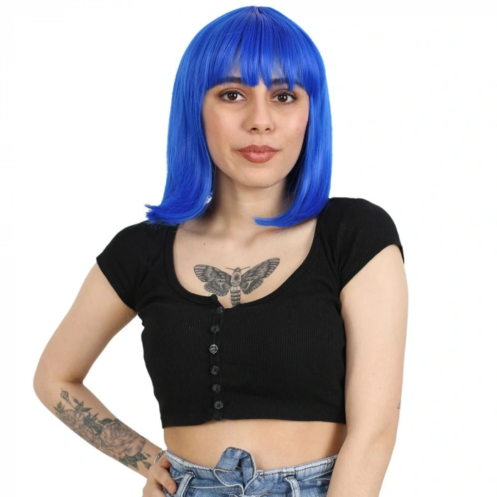 Küt Kahküllü Fiber Sentetik Peruk / Koyu Mavi