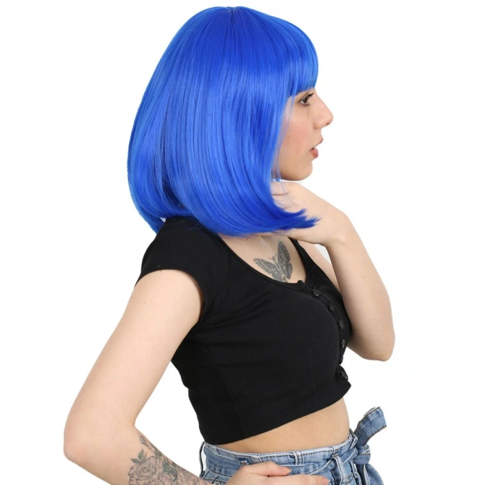 Küt Kahküllü Fiber Sentetik Peruk / Koyu Mavi