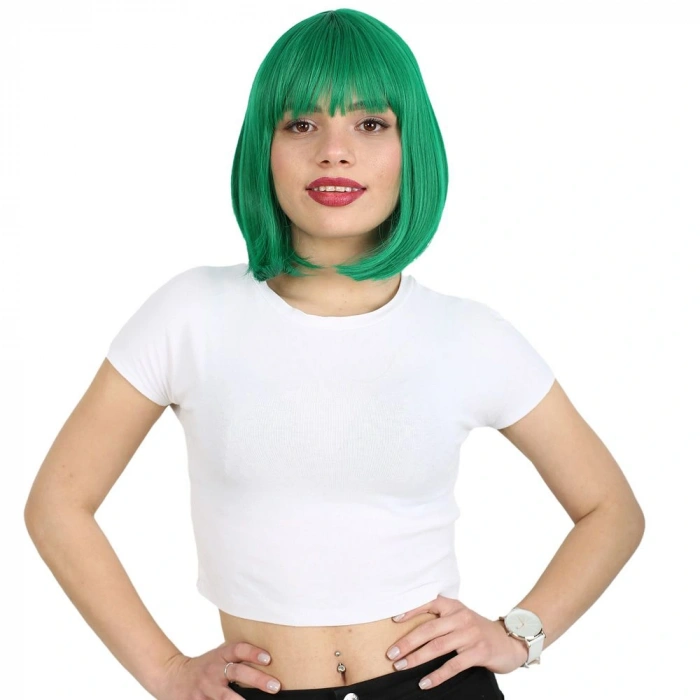 Küt Kahküllü Fiber Sentetik Peruk / Koyu Yeşil