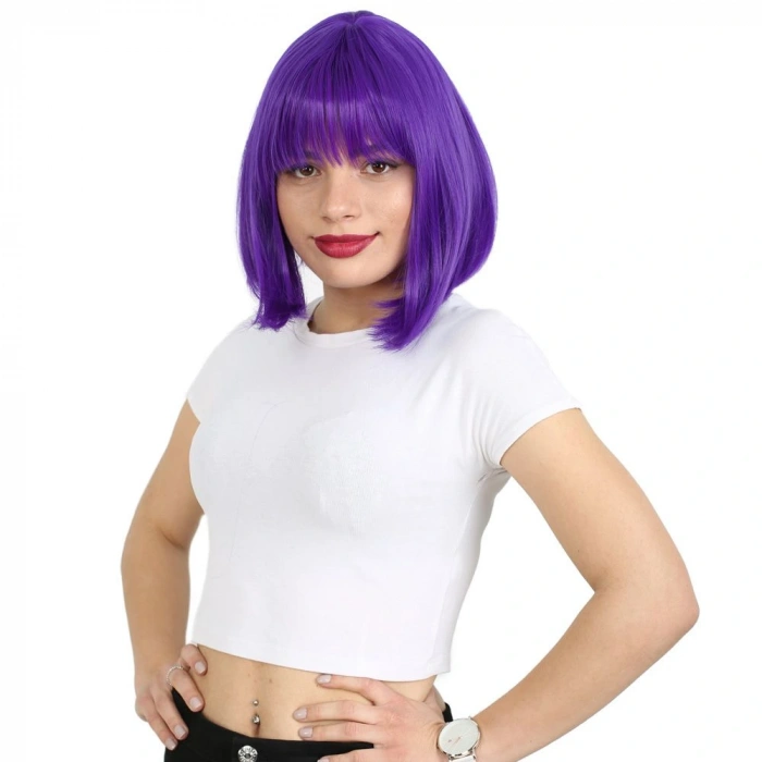 Küt Kahküllü Fiber Sentetik Peruk / Mor