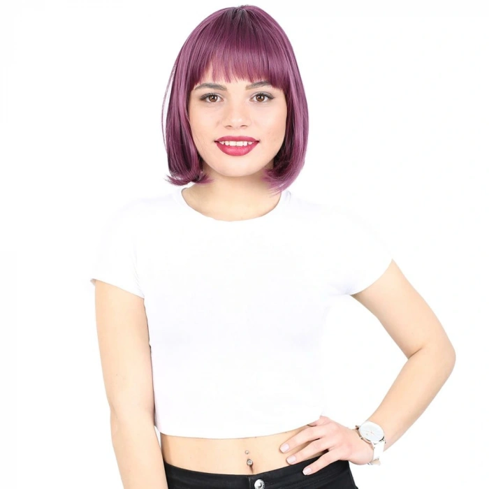 Küt Kahküllü Fiber Sentetik Peruk / Patlıcan Moru