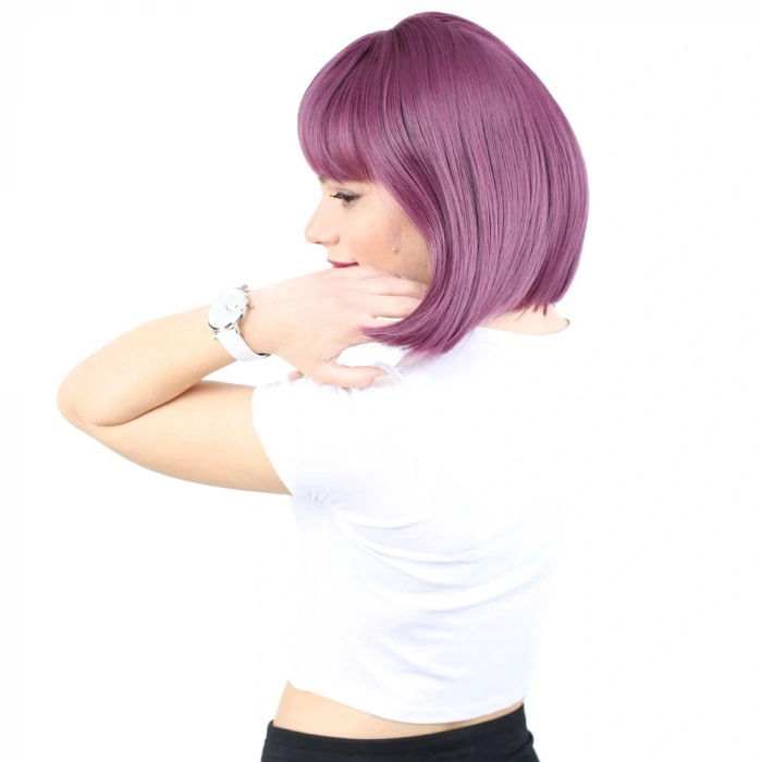 Küt Kahküllü Fiber Sentetik Peruk / Patlıcan Moru