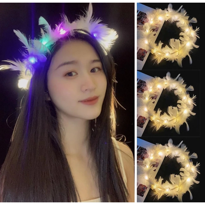 Led Işıklı Rengarenk Yanan 3 Fonksiyonlu Otrişli Parti Tacı Renkli 12x12 cm