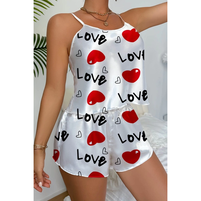 Love Desenli  Saten Şortlu Gecelik