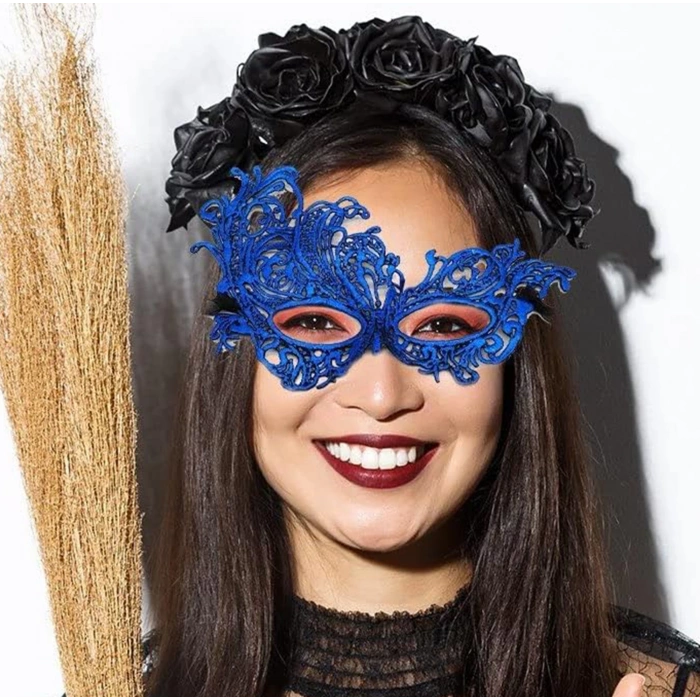 Mavi Renk Dantel Kesim Dantel İşlemeli B Parti Maskesi