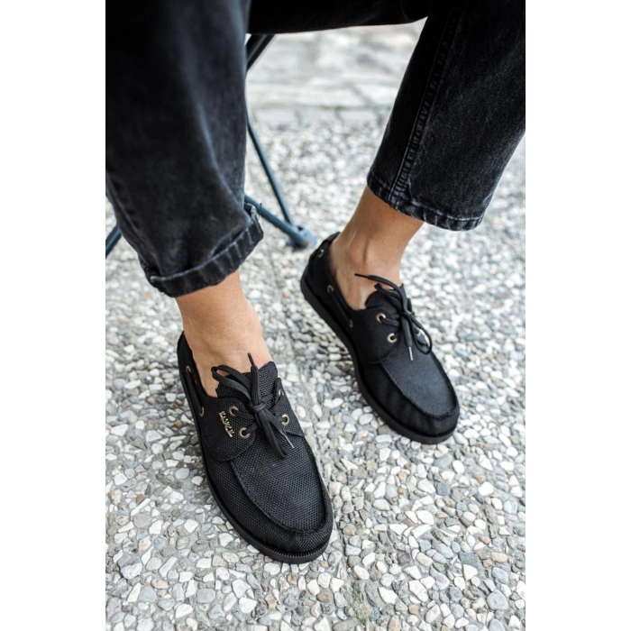 Mevsimlik Keten Ayakkabı  Siyah (Siyah Taban)