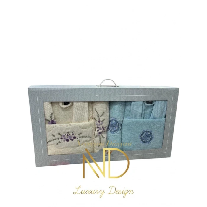 Nakışlı Bornoz Seti Açık Mavi Krem