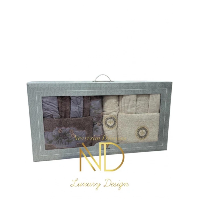 Nakışlı Bornoz Seti Kahve Bej