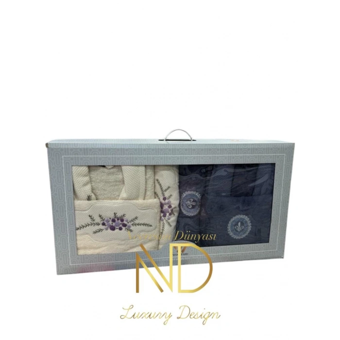 Nakışlı Bornoz Seti Lacivert Krem