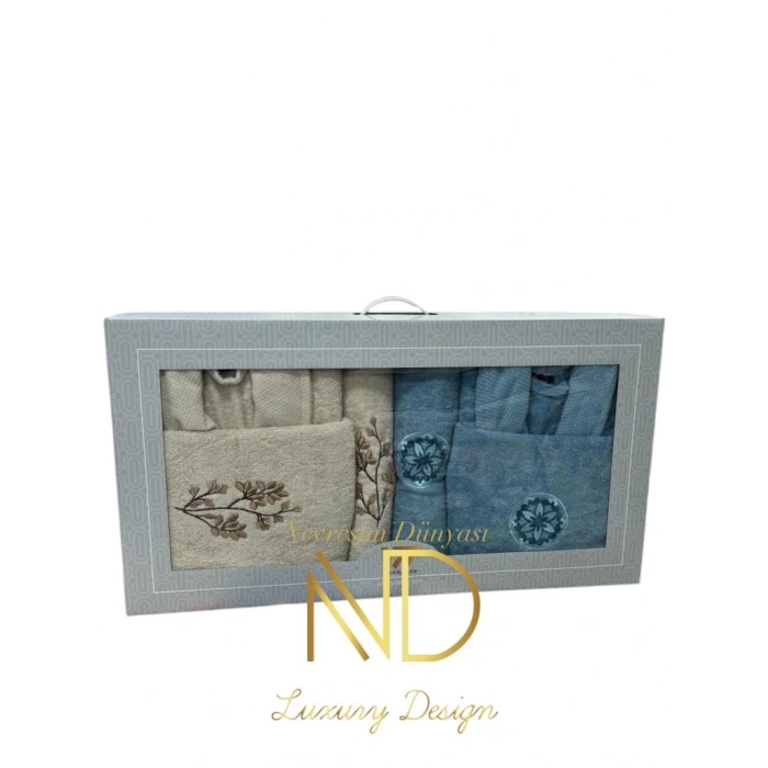 Nakışlı Bornoz Seti Mavi Cappuccino