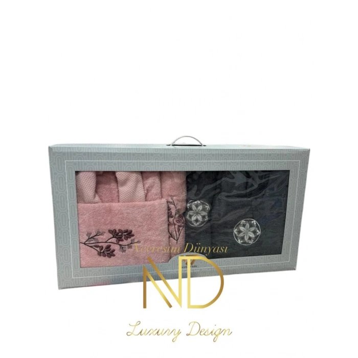Nakışlı Bornoz Seti Somon Antrasit