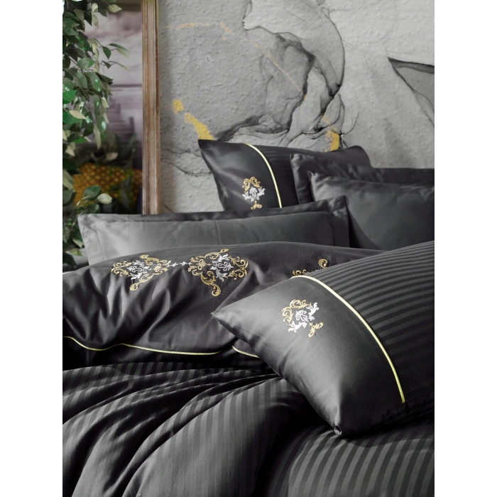 Nakışlı Çift Kişilik Saten Nev Takımı King Antrasit