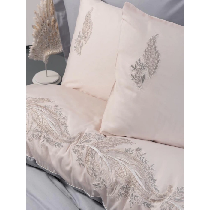 Nakışlı Çift Kişilik Saten Nev Takımı Sheen Gri