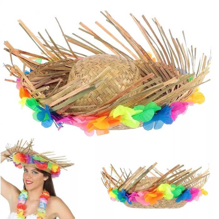 Naturel Renk Püsküllü Örme Hasır Hawaii Luau ha Şapka 13x36 cm