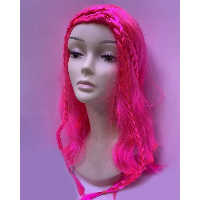 Neon Pembe Renk Örgülü Helen Karakter Peruğu Takma Saç