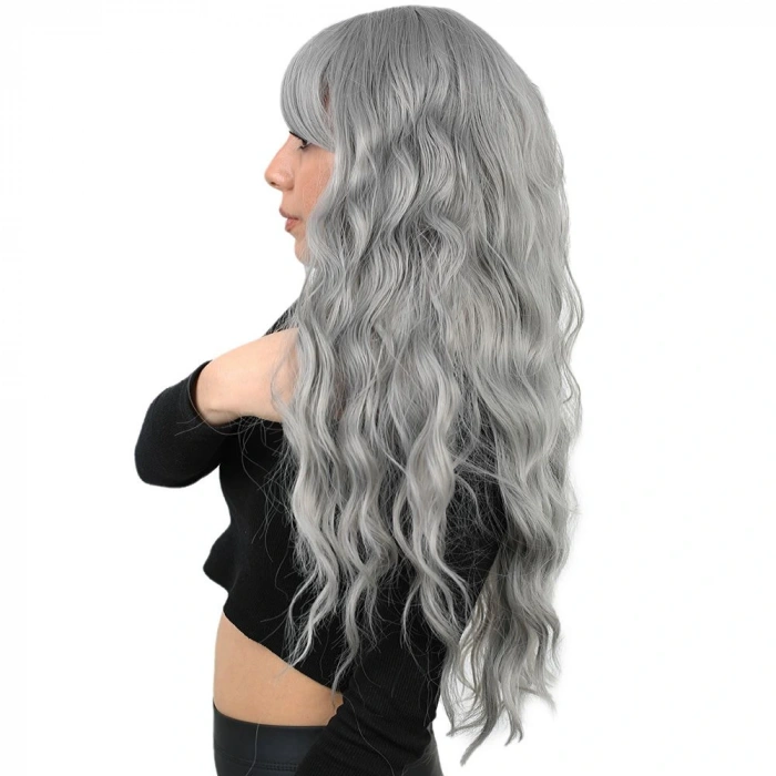 Perçemli Uzun Su Dalgası Fiber Sentetik Peruk / Açık Gri