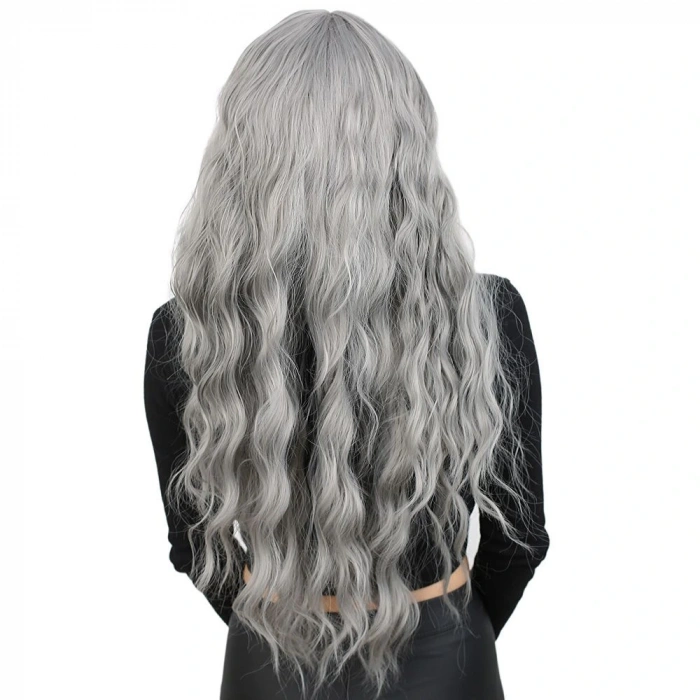 Perçemli Uzun Su Dalgası Fiber Sentetik Peruk / Açık Gri